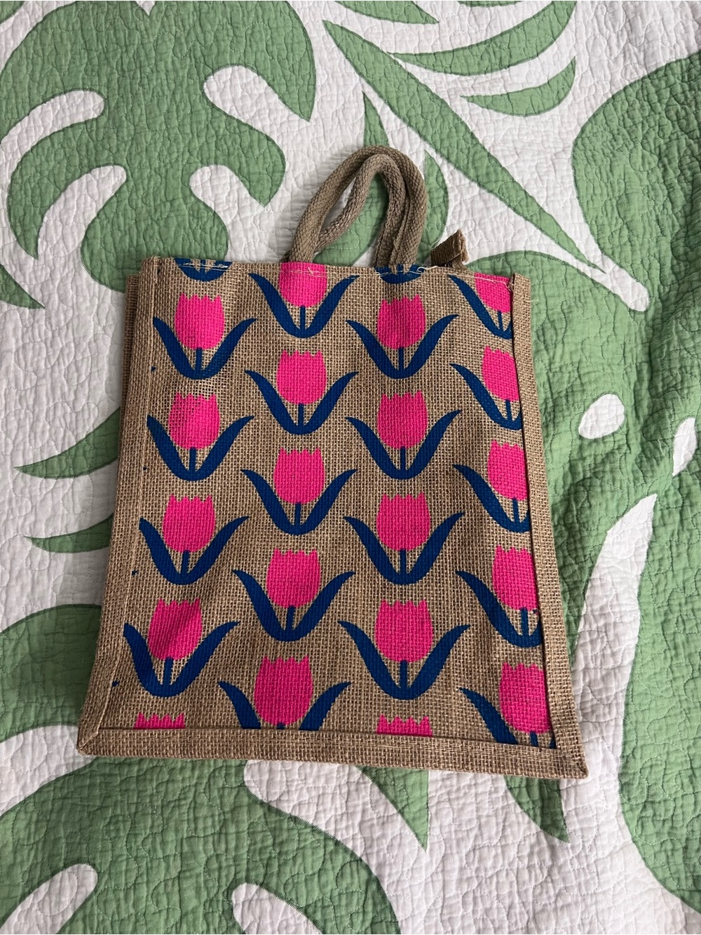 Jute Tote Bag with Pink & Navy Floral Printed